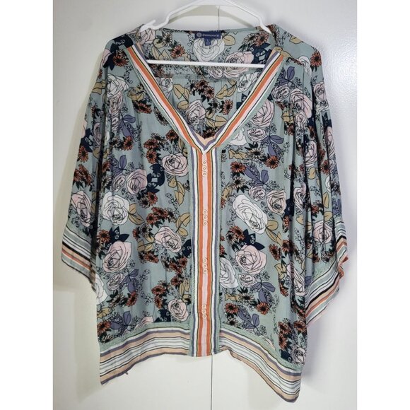 DEMOCRACY Women's SZ LG Floral Striped 3/4 Kimono Sleeve V-Neck Flowy Tunic Top - Picture 1 of 9